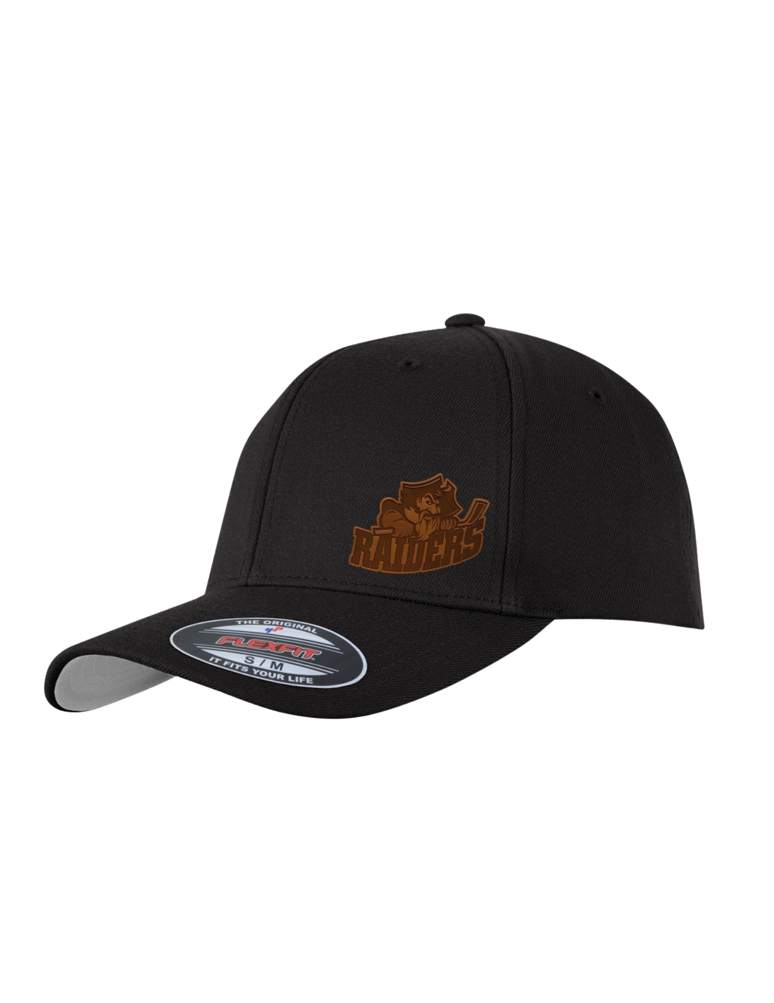 Seven Oaks Raiders Flexfit hat with engraved leather patch and breathable mesh back - Black