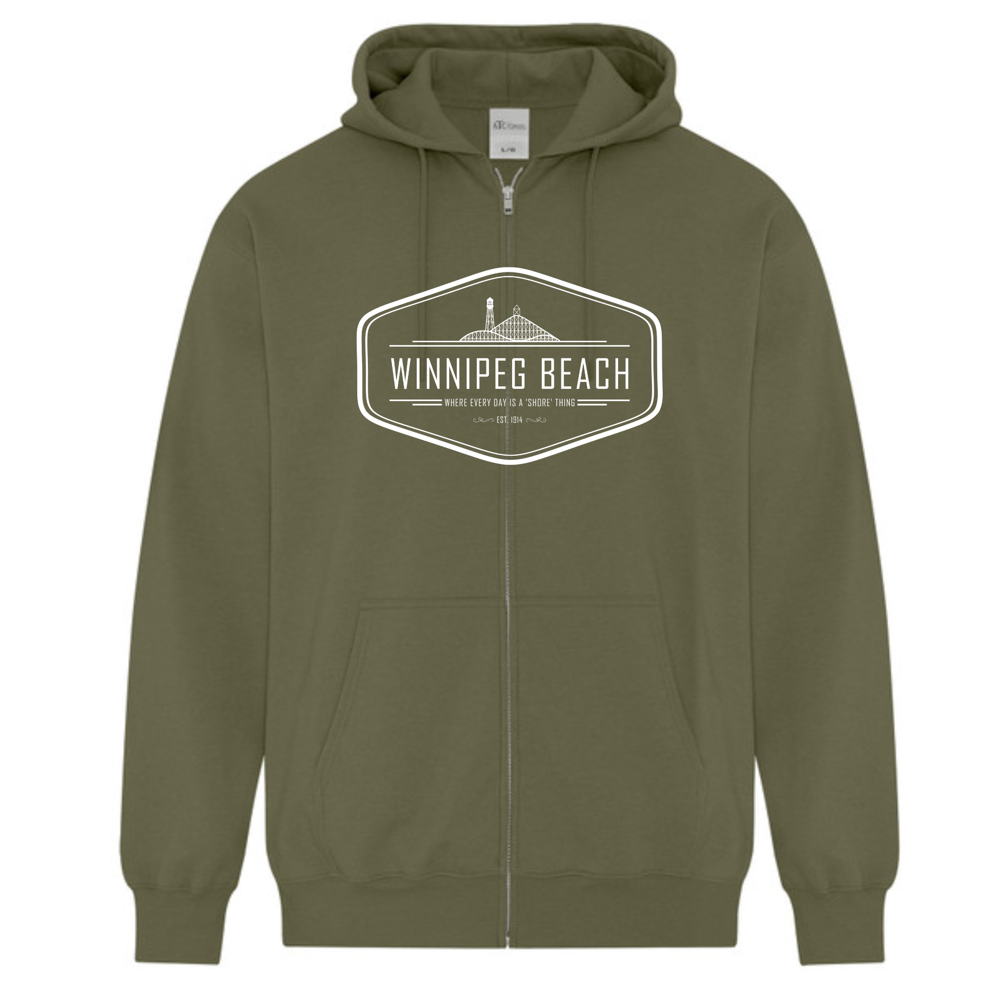 Winnipeg Beach “The Beacher” hoodie inspired by historic Rollercoaster and Water Tower - Military Green