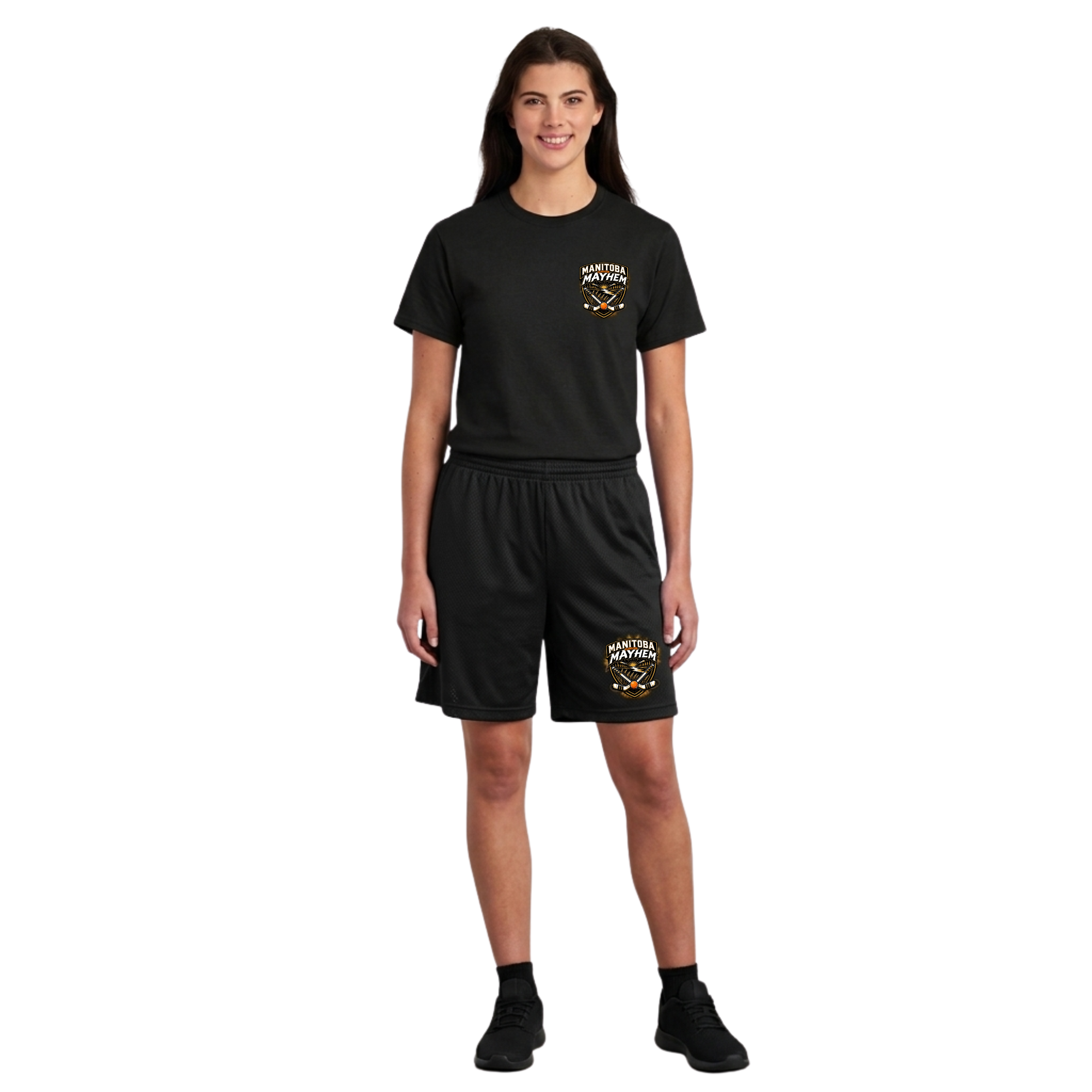 Manitoba Jr. Mayhem youth 5" performance shorts with moisture‑wicking mesh and logo - Black