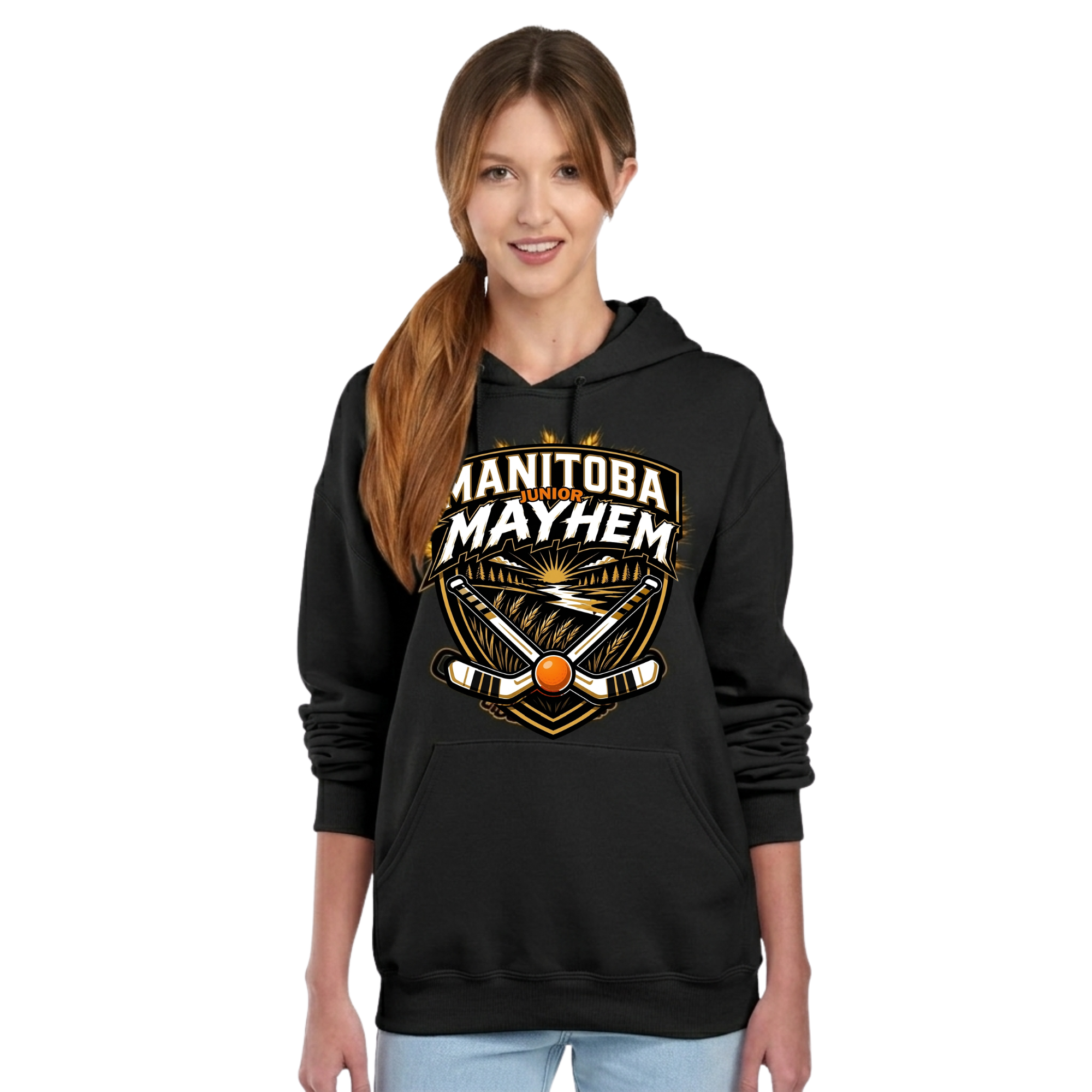 Manitoba Jr. Mayhem heavyweight NuBlend fleece hoodie with wheat‑and‑sticks crest