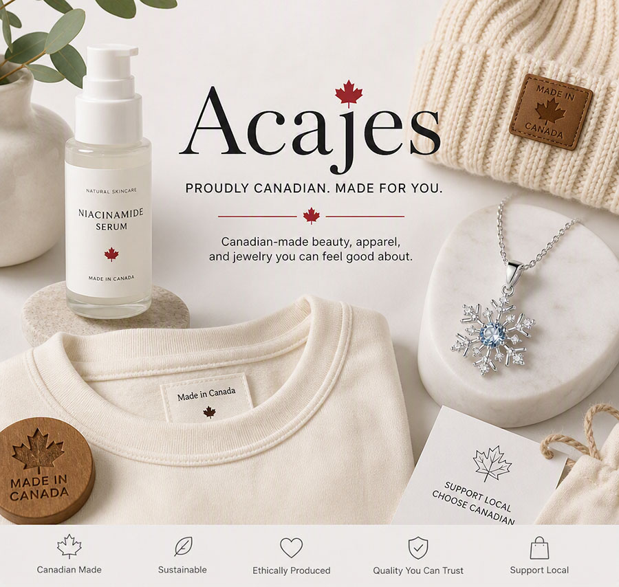 Collage of Canadian‑made products including skincare, apparel, and jewelry displayed on a clean neutral background