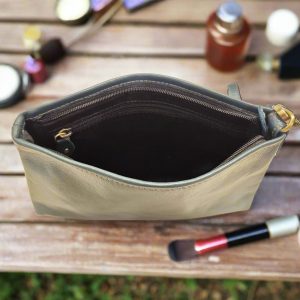 Leather Makeup Pouch, Bottle Green - Image 3