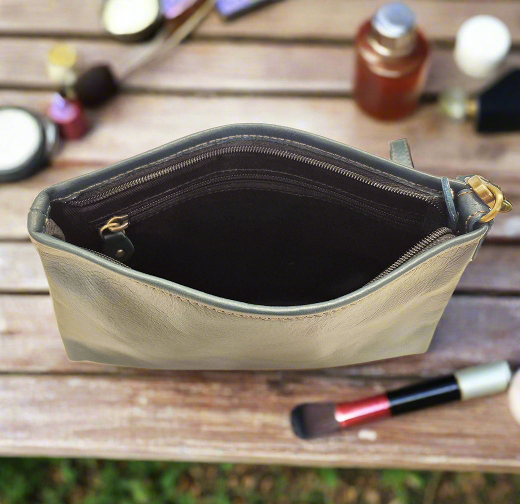 Leather Makeup Pouch, Bottle Green - Image 3