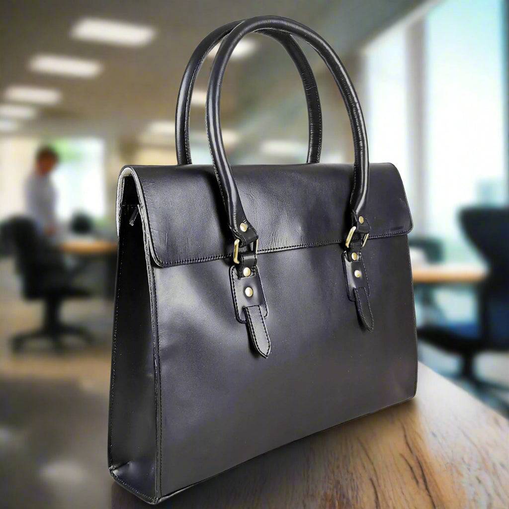 The Signature 17" Leather Laptop Bag, Black Flap - Image 3