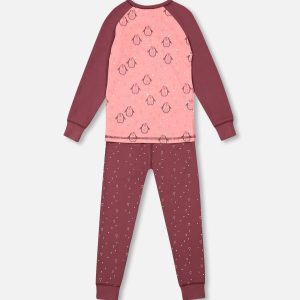 Organic Cotton Long Sleeve Two Piece Printed Penguins Pajama Set Pink - Image 3