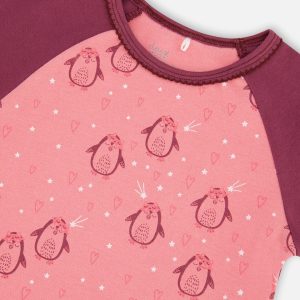 Organic Cotton Long Sleeve Two Piece Printed Penguins Pajama Set Pink - Image 4