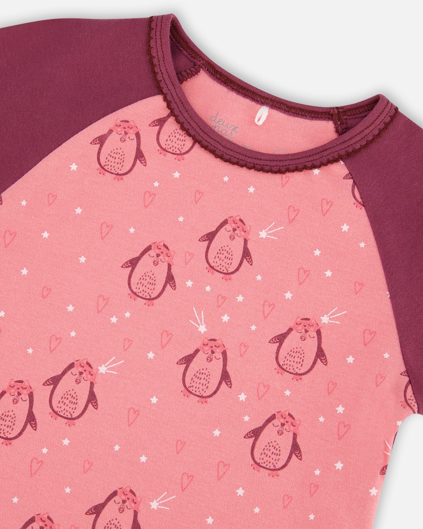Organic Cotton Long Sleeve Two Piece Printed Penguins Pajama Set Pink - Image 4