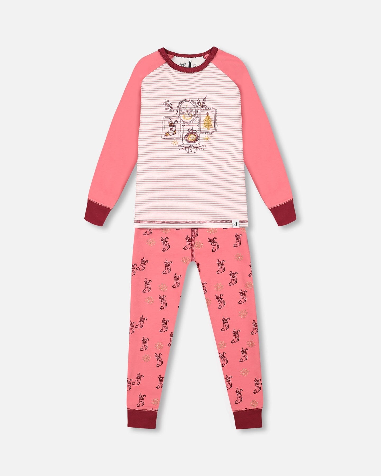 Organic Cotton Long Sleeve Two Piece Printed Christmas Stocking Pajama Set Pink - Image 6