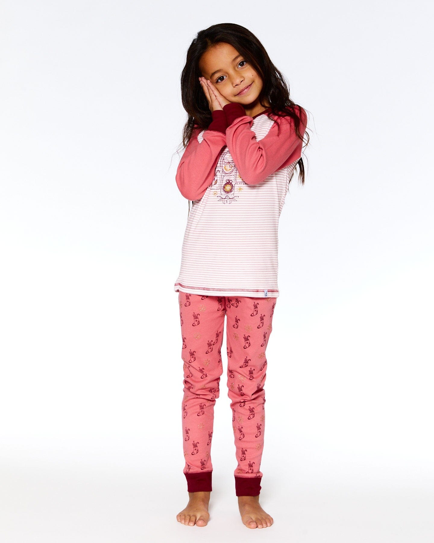 Organic Cotton Long Sleeve Two Piece Printed Christmas Stocking Pajama Set Pink - Image 2