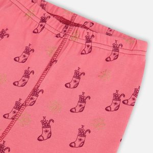 Organic Cotton Long Sleeve Two Piece Printed Christmas Stocking Pajama Set Pink - Image 5