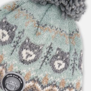 Lined Peruvian Knit Pompom Hat Gray And Sage - Image 4