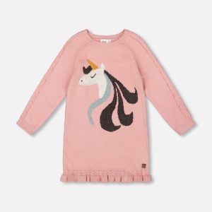 Knitted Dress Dusty Pink With Unicorn Intarsia