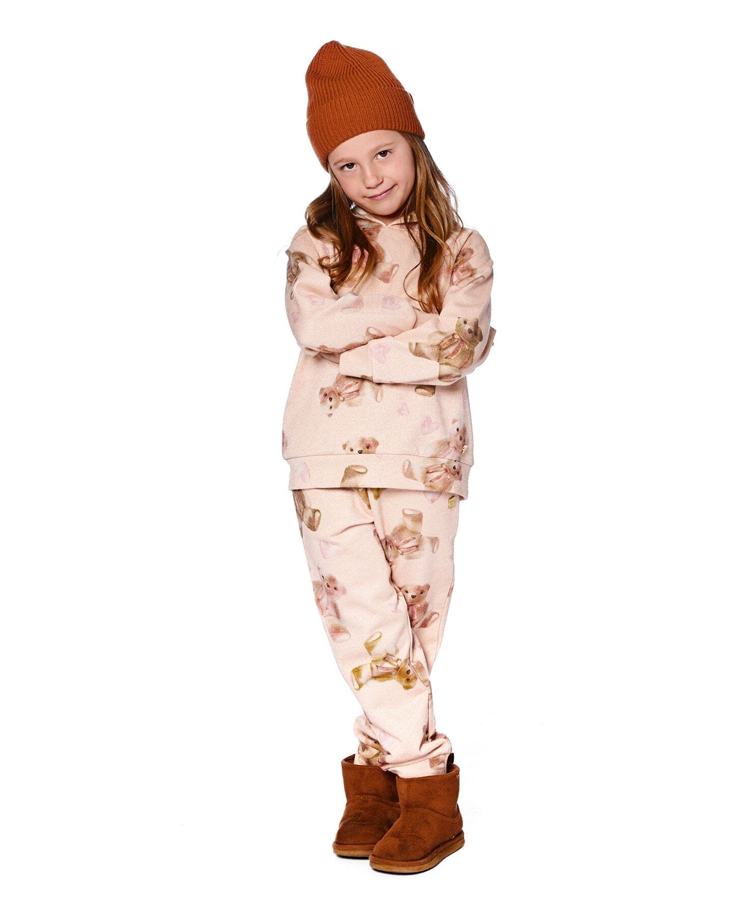 Glittering French Terry Sweatpants Beige Teddy Bear Print - Image 2