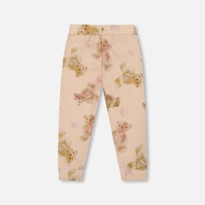 Glittering French Terry Sweatpants Beige Teddy Bear Print - Image 3