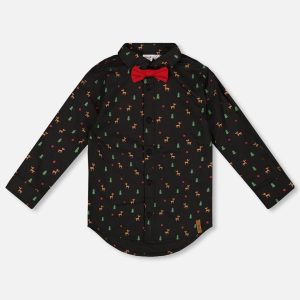 Printed Poplin Shirt Black And Multicolor With Bow Tie - Image 12