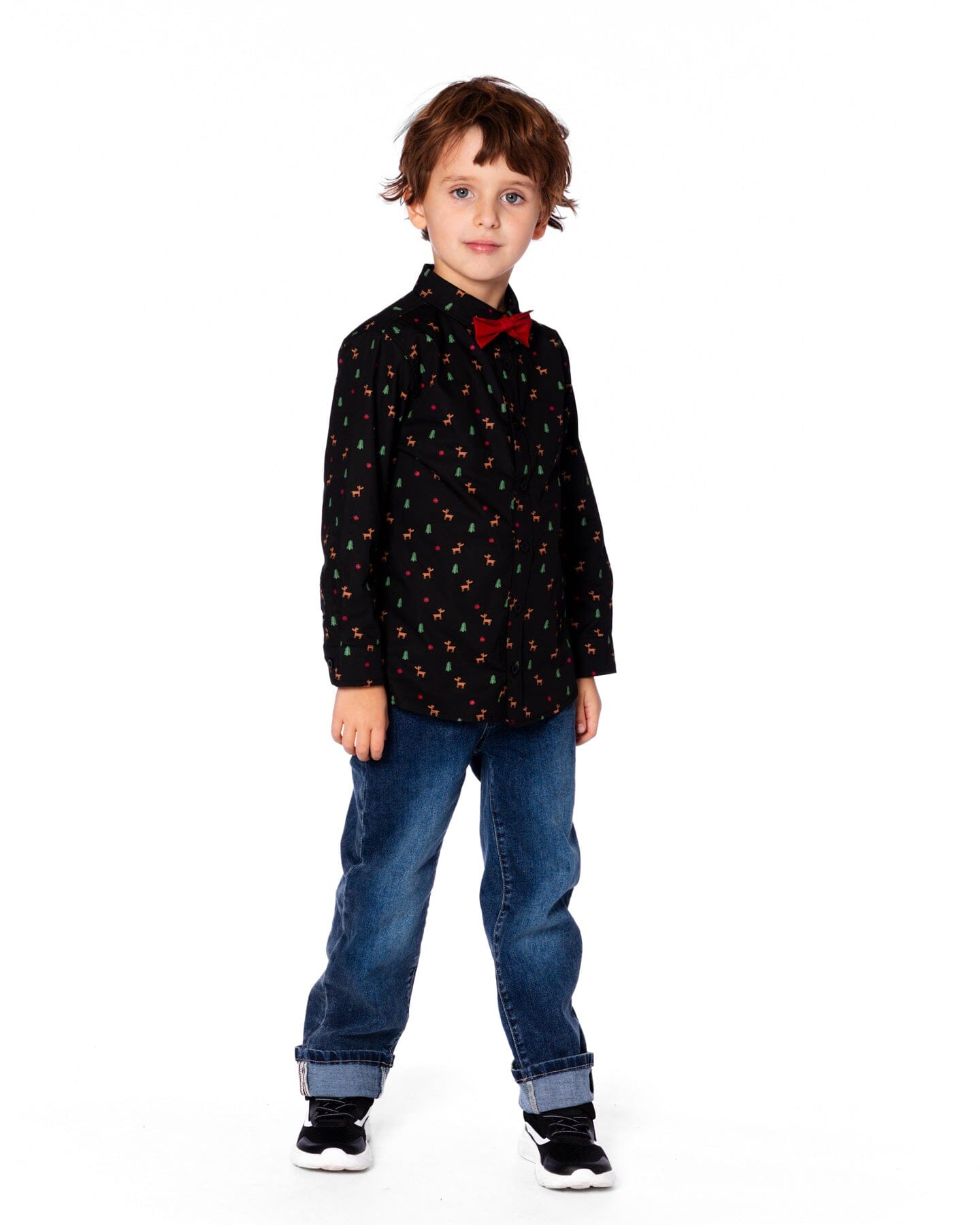 Printed Poplin Shirt Black And Multicolor With Bow Tie - Image 2