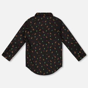 Printed Poplin Shirt Black And Multicolor With Bow Tie - Image 3