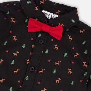 Printed Poplin Shirt Black And Multicolor With Bow Tie - Image 4