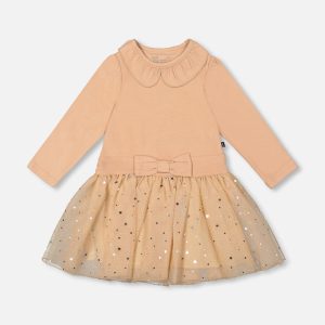 Bi-Material Dress With Glittering Skirt Beige - Image 7