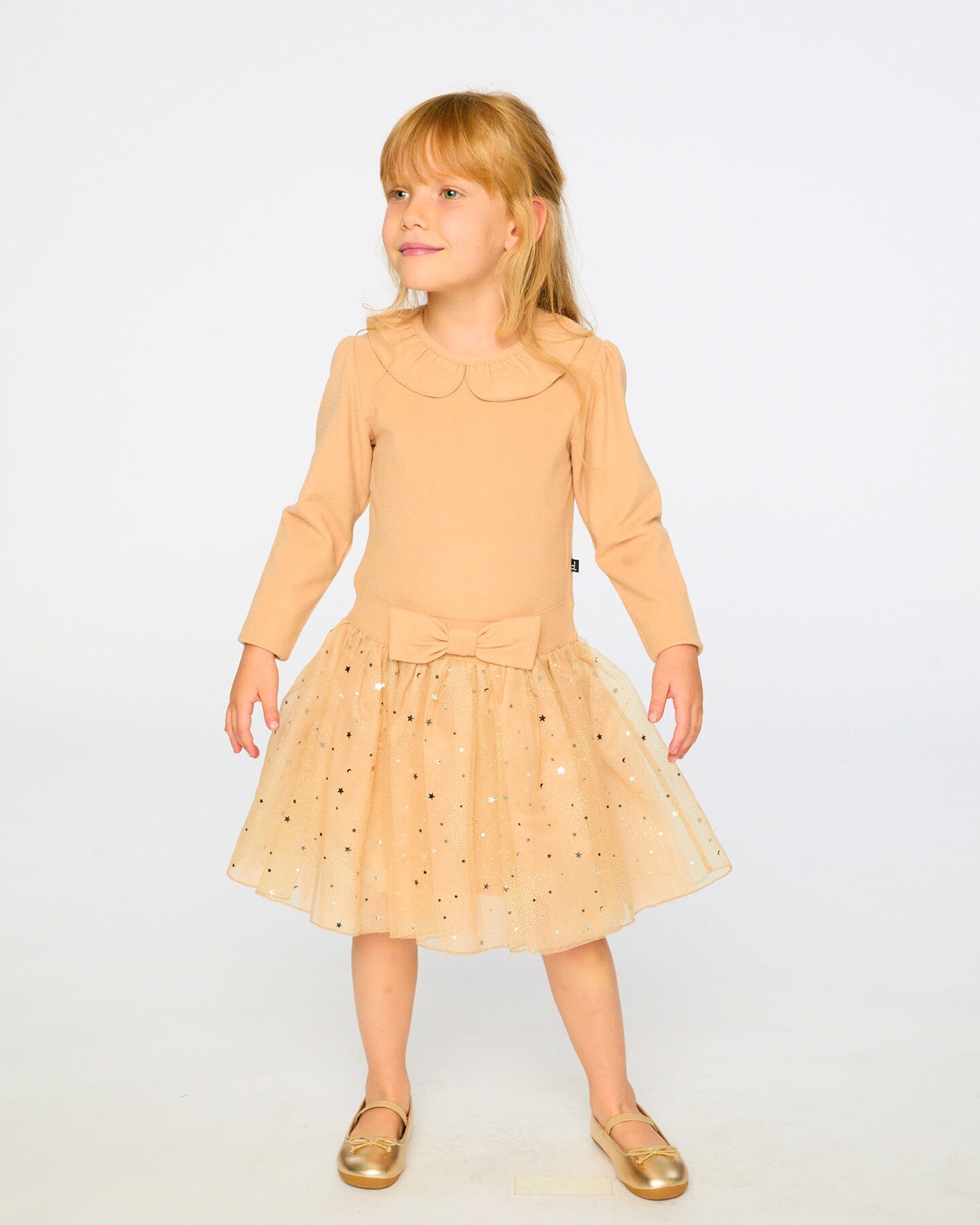 Bi-Material Dress With Glittering Skirt Beige - Image 2