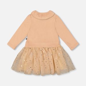 Bi-Material Dress With Glittering Skirt Beige - Image 3