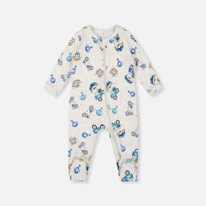 One-Piece Organic Cotton Pajama Beige Monkey Print