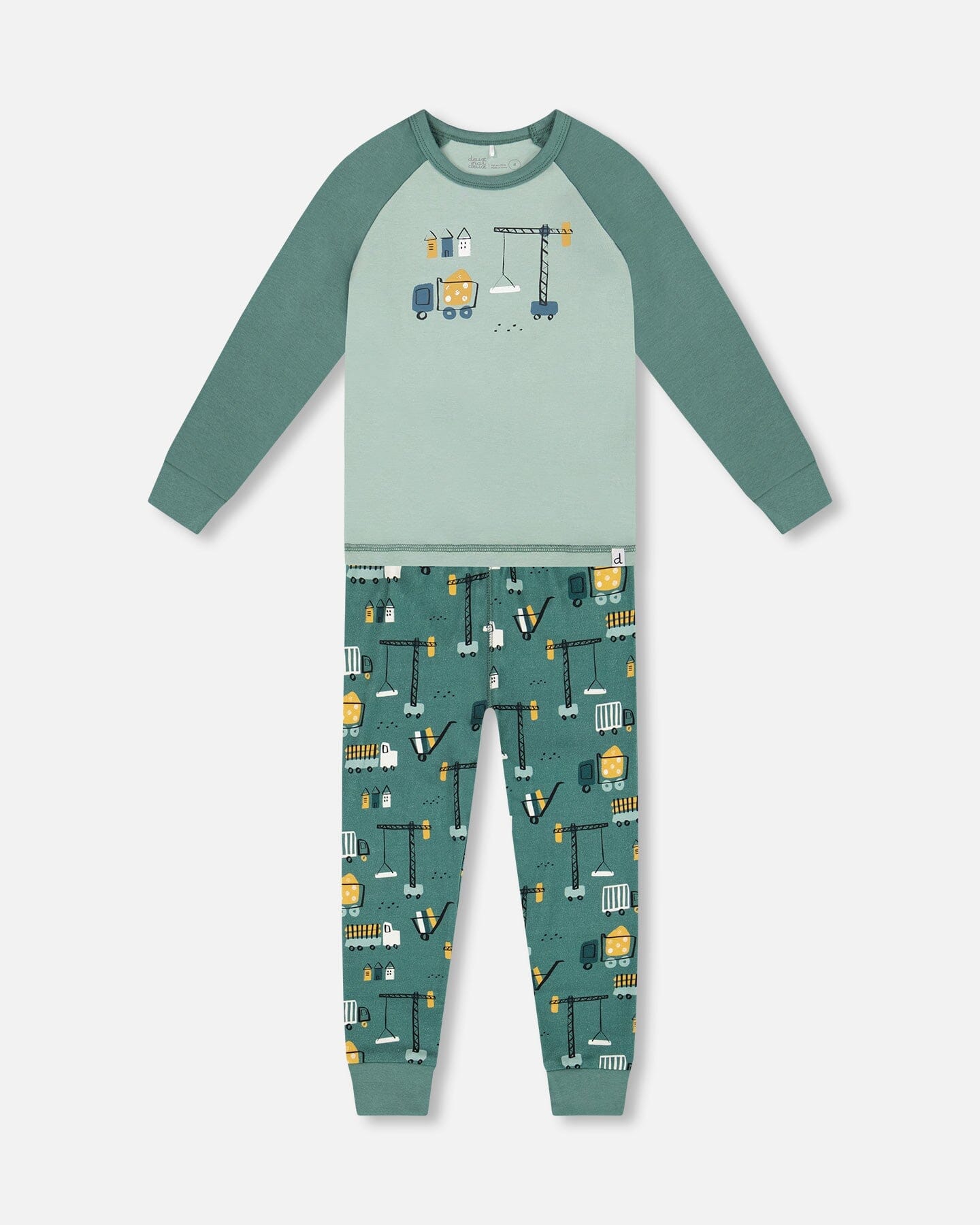 Two-Piece Organic Cotton Pajama Set Teal Construction Print - Image 16