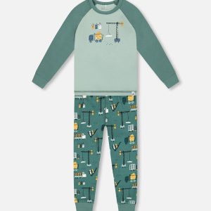 Two-Piece Organic Cotton Pajama Set Teal Construction Print - Image 13