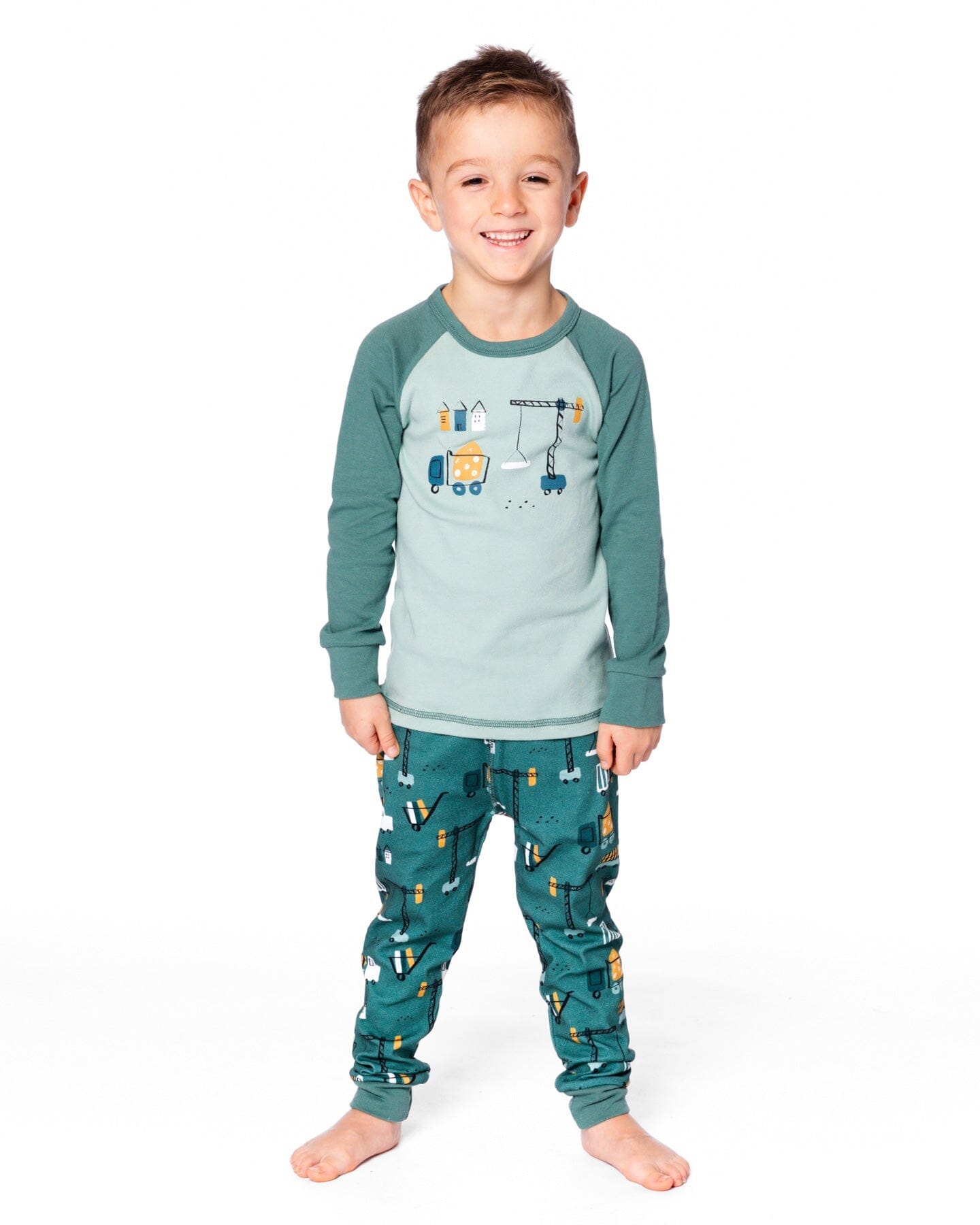Two-Piece Organic Cotton Pajama Set Teal Construction Print - Image 2