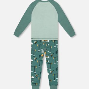 Two-Piece Organic Cotton Pajama Set Teal Construction Print - Image 3