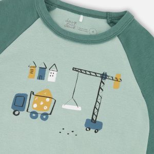 Two-Piece Organic Cotton Pajama Set Teal Construction Print - Image 4