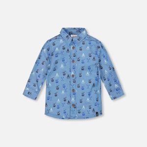 Printed Long Sleeve Button Front Chambray Shirt Blue - Image 8