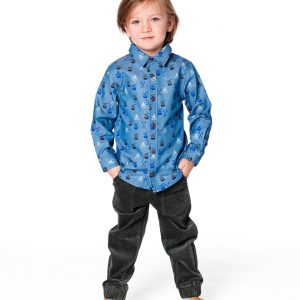 Printed Long Sleeve Button Front Chambray Shirt Blue - Image 3