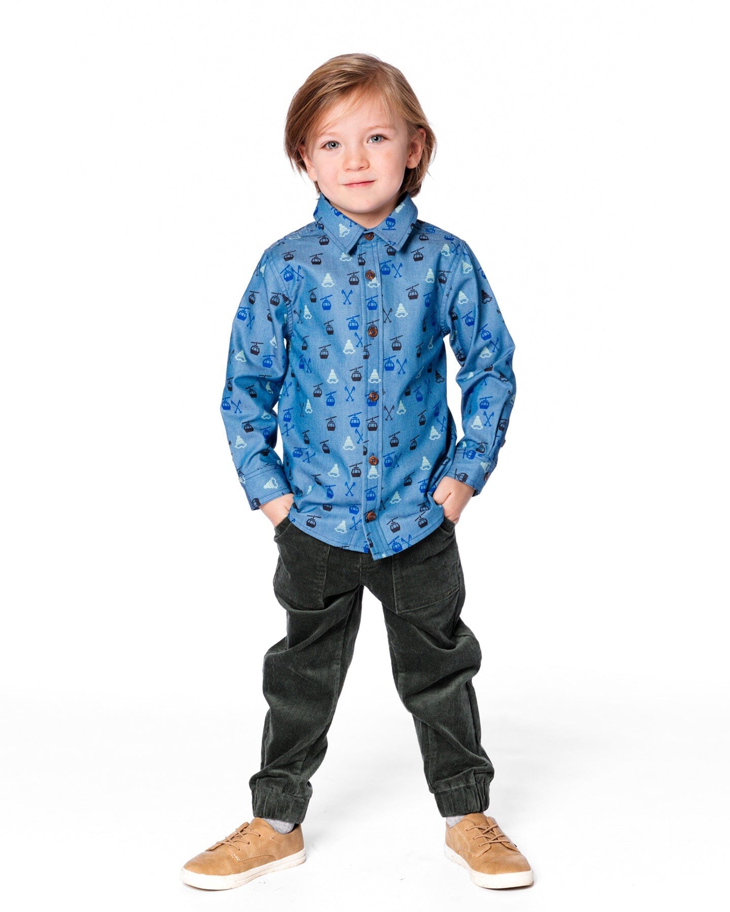 Printed Long Sleeve Button Front Chambray Shirt Blue - Image 3