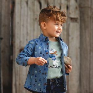 Alternative view of Printed Long Sleeve Button Front Chambray Shirt Blue