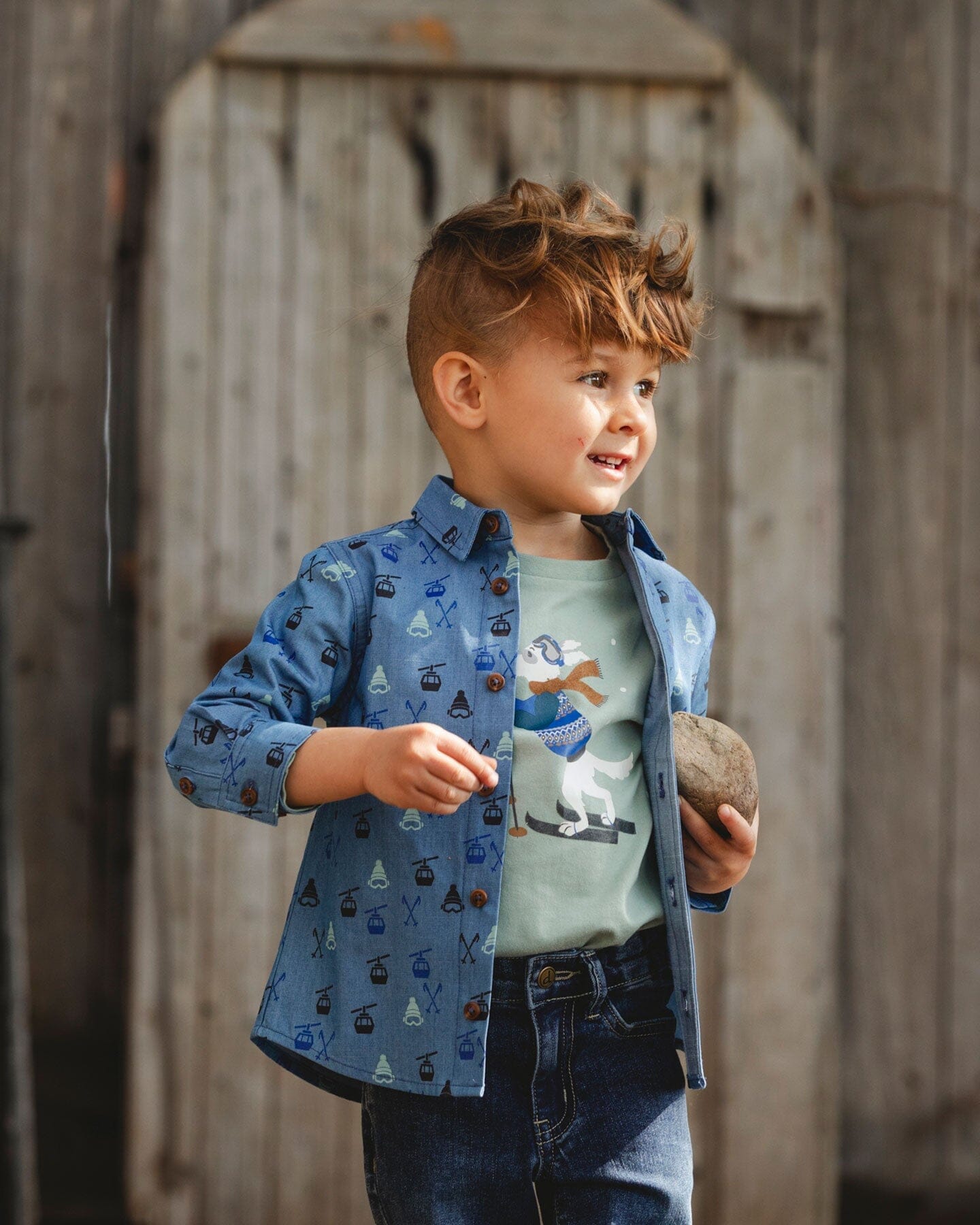 Printed Long Sleeve Button Front Chambray Shirt Blue - Image 2