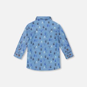 Printed Long Sleeve Button Front Chambray Shirt Blue - Image 4