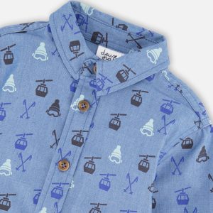Printed Long Sleeve Button Front Chambray Shirt Blue - Image 5