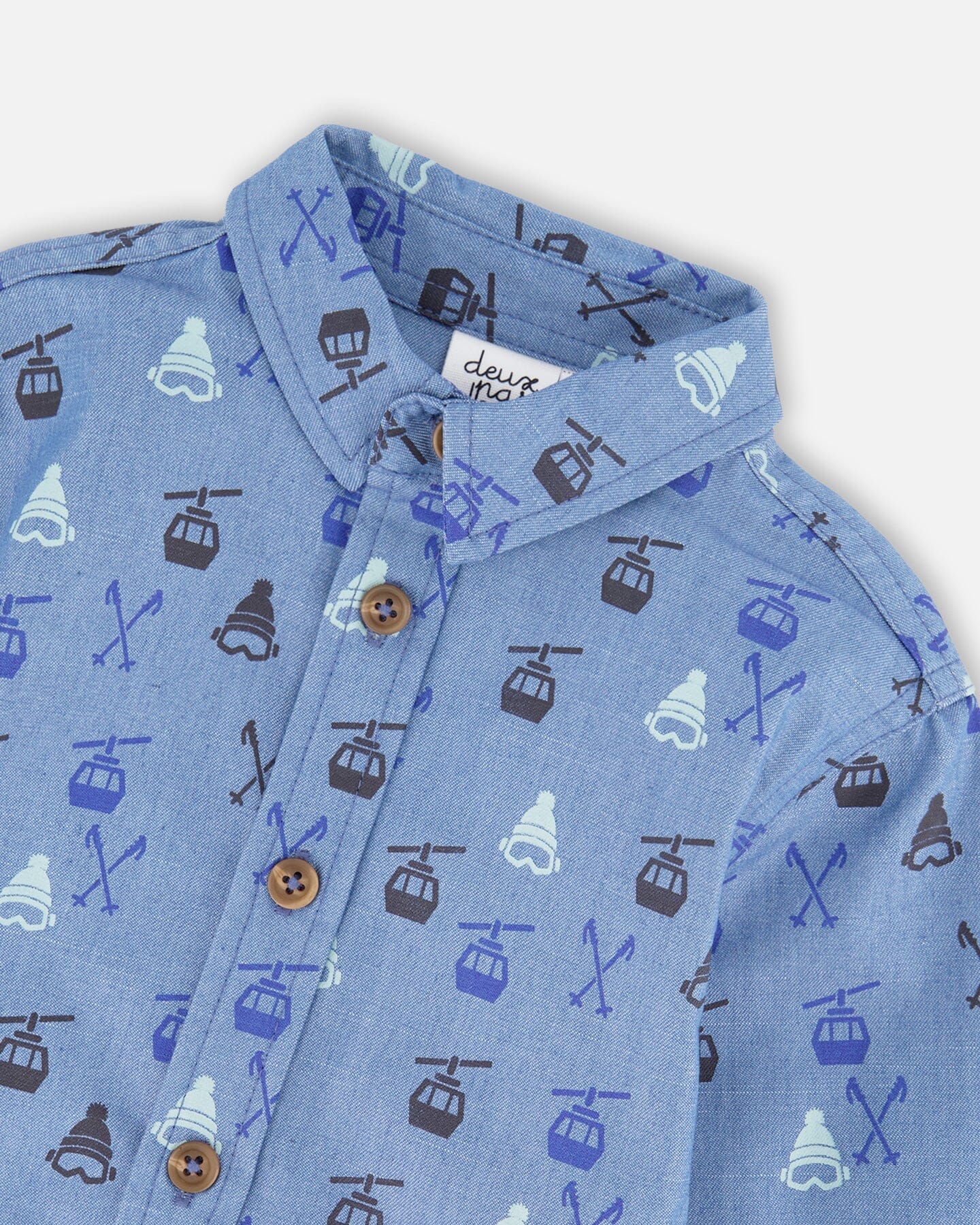 Printed Long Sleeve Button Front Chambray Shirt Blue - Image 5