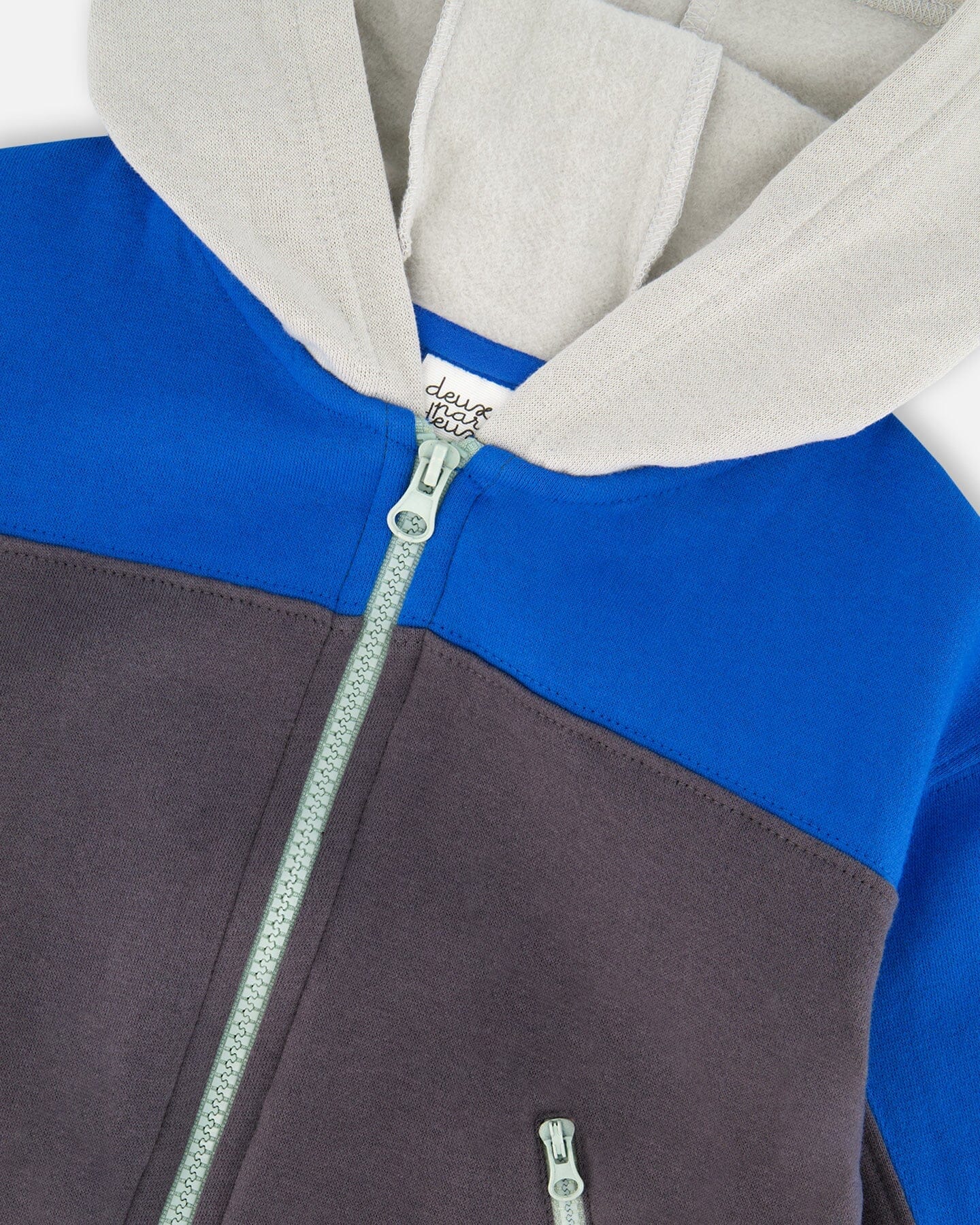 Color Blocked Zip Front Fleece Hoodie Dark Gray - Image 4