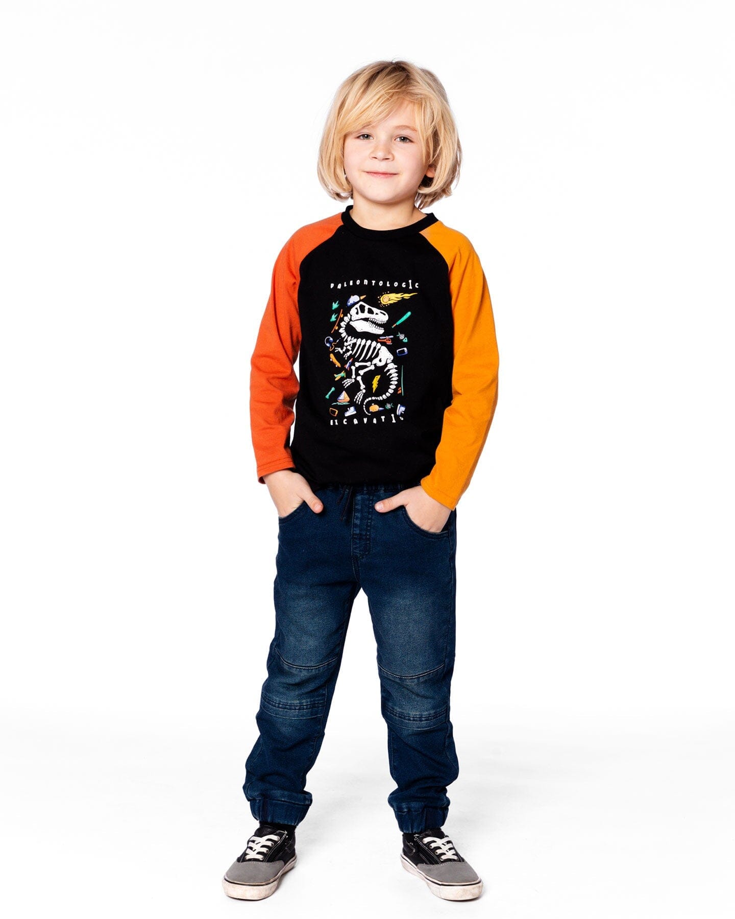 Black Long Sleeve Raglan T-Shirt With Glow-In-The-Dark Dinosaur Print - Image 2
