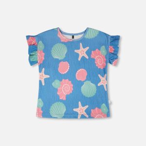 Crinkle Jersey T-Shirt Blue Shell Print