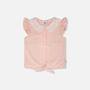 Sleeveless Shirt Pink And Yellow Stripes With Crochet Collar