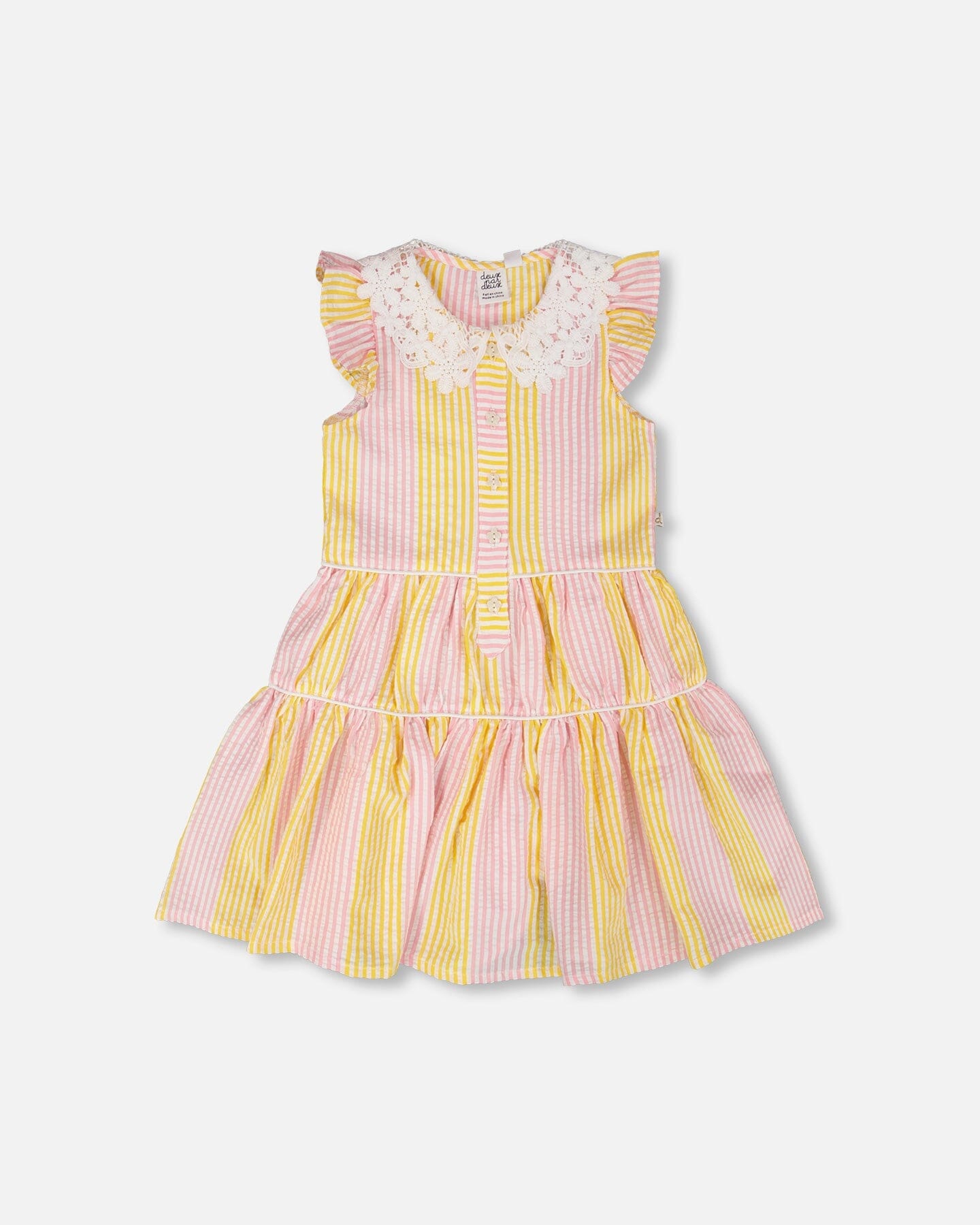 Sleeveless Dress With Crochet Peter Pan Collar Pink And Yellow Stripes - Image 6