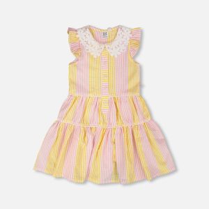 Sleeveless Dress With Crochet Peter Pan Collar Pink And Yellow Stripes