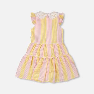 Alternative view of Sleeveless Dress With Crochet Peter Pan Collar Pink And Yellow Stripes