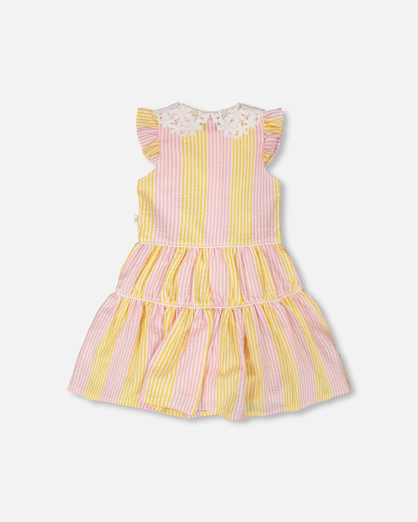 Sleeveless Dress With Crochet Peter Pan Collar Pink And Yellow Stripes - Image 2