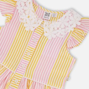 Sleeveless Dress With Crochet Peter Pan Collar Pink And Yellow Stripes - Image 3