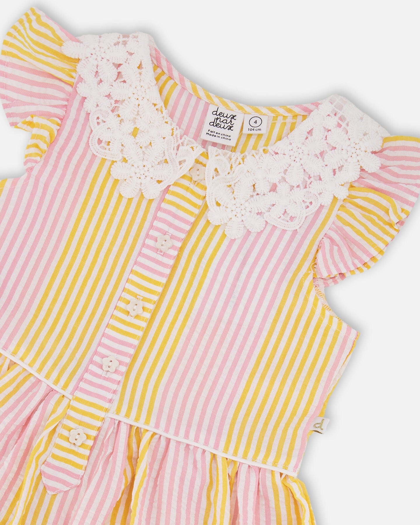 Sleeveless Dress With Crochet Peter Pan Collar Pink And Yellow Stripes - Image 3
