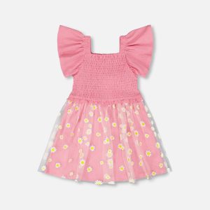 Mesh And Crinkle Jersey Dress With Smocking Pink - Image 8